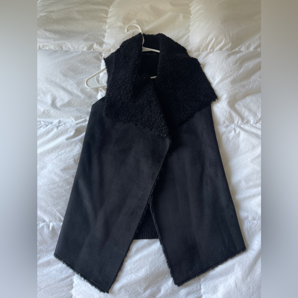 Black Vest Cardigan Suede Knit Back Open Drape Sleeveless, Small